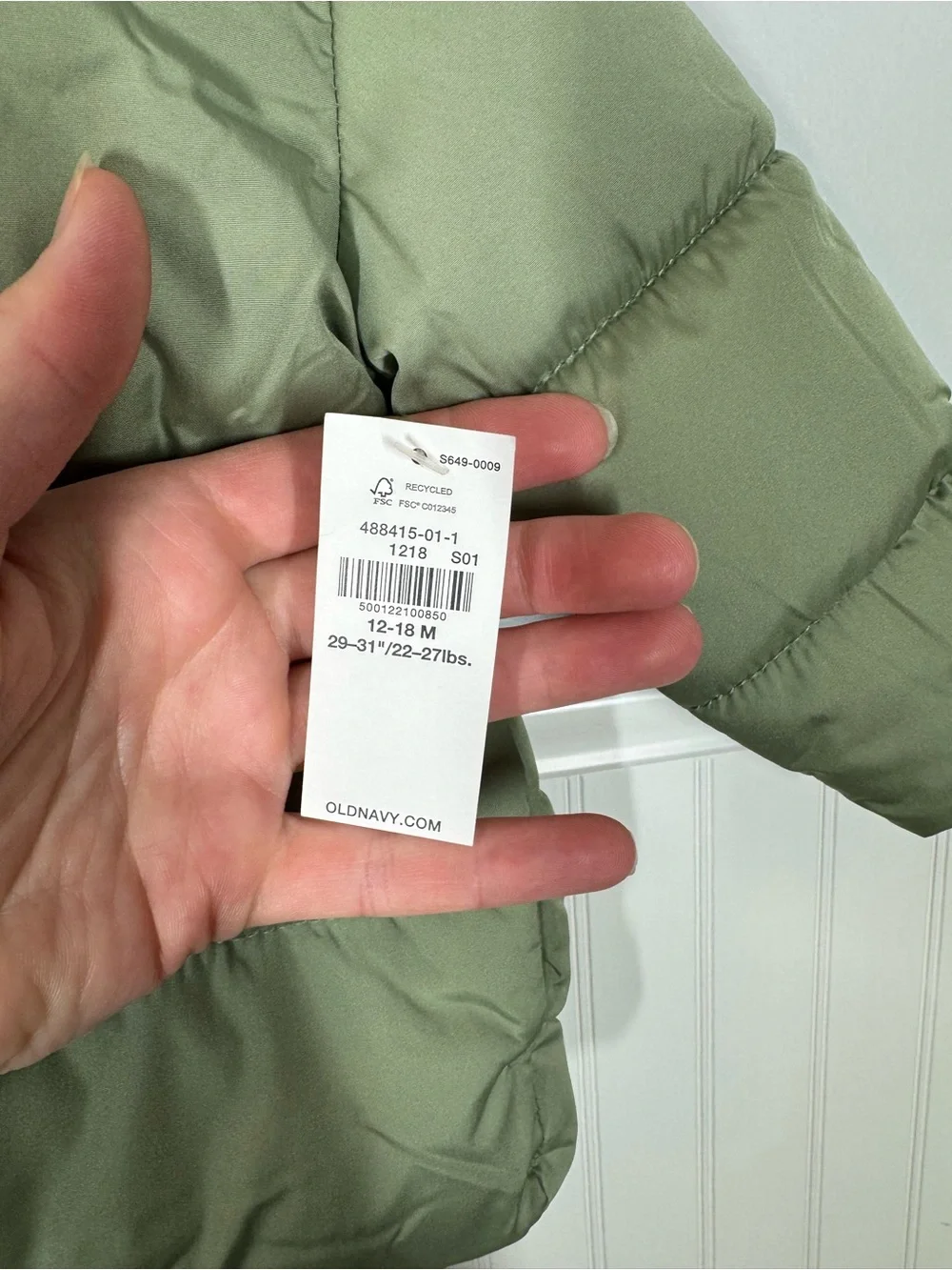 Old Navy Baby 12-18 months Light Green Puffer Jacket Coat water resistant new